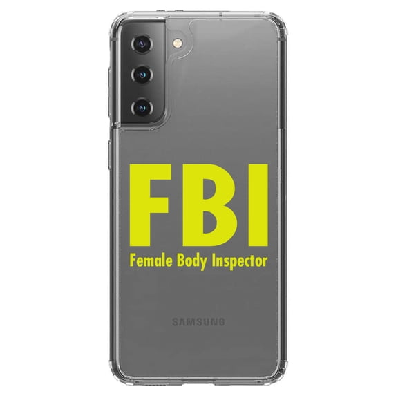 DistinctInk Clear Shockproof Hybrid Case for Galaxy S21+ PLUS 5G (6.7" Screen) - TPU Bumper Acrylic Back Tempered Glass Screen Protector - FBI - Female Body Inspector