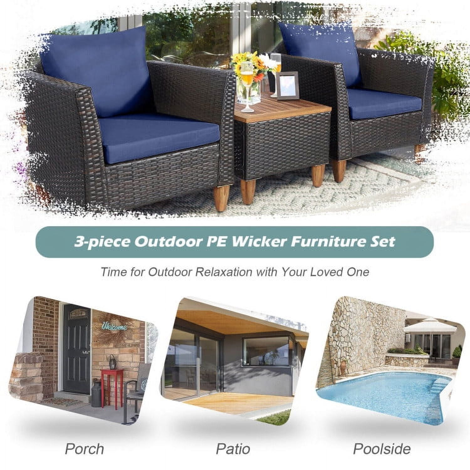 Aimee Lii 3 Pieces Patio Rattan Bistro Furniture Set with Wooden Table Top, Outdoor Patio Furniture, Navy Aimee Lii 3 Pieces Patio Rattan Bistro Furniture Set with Wooden Table Top, Outdoor Patio Furniture, Navy