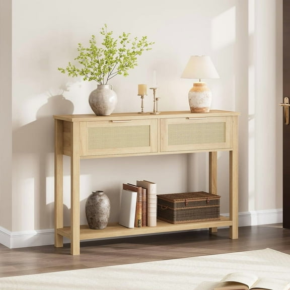 Towallmark 43" Rattan Console Table, Boho Entryway Table With 2 Drawers And Shelf, Mid Century Modern Sofa Table, Slim Farmhouse Accent Table For Living Room Bedroom