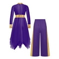thumbnail image 3 of Doomiva Kids Girls Praise Dance Swing Dress Metallic Gold Asymmetric Liturgical Tunic with Worship Wide Leg Pants Purple 6, 3 of 5