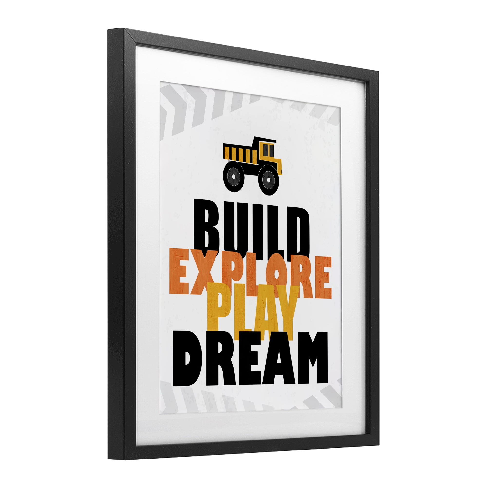 Build Explore Play Dream Black Framed Print Under Glass, design by Kim Allen