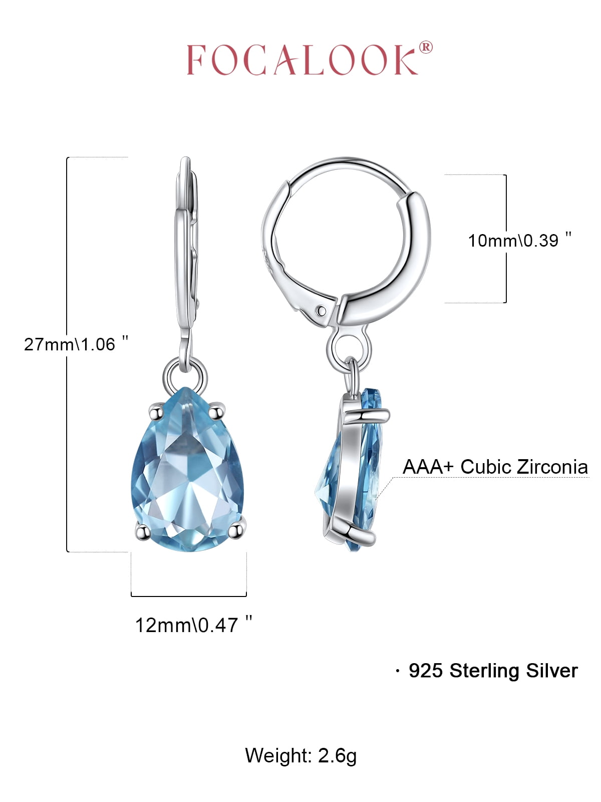 FOCALOOK Birthstone Dangle Hoop Earrings for Women Sterling Silver Teardrop Cubic Zirconia March Blue Aquamarine Leverback Huggie Drop Earrings Birthday Valentines Day Jewelry Gift