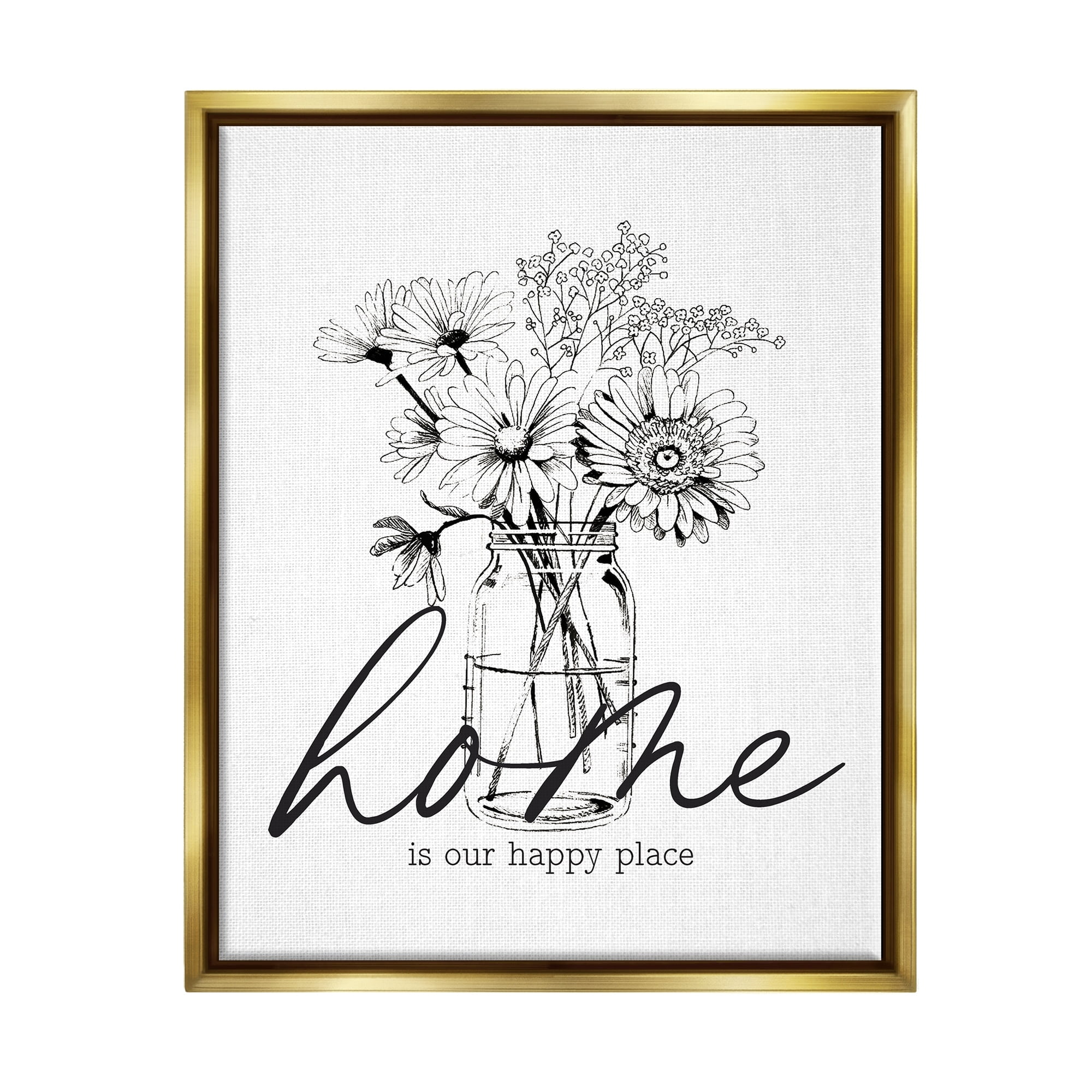 Stupell Industries Home Happy Place Flower Blossoms Jar Bouquet Graphic Art Metallic Gold Floating Framed Canvas Print Wall Art, Design by Lettered and Lined