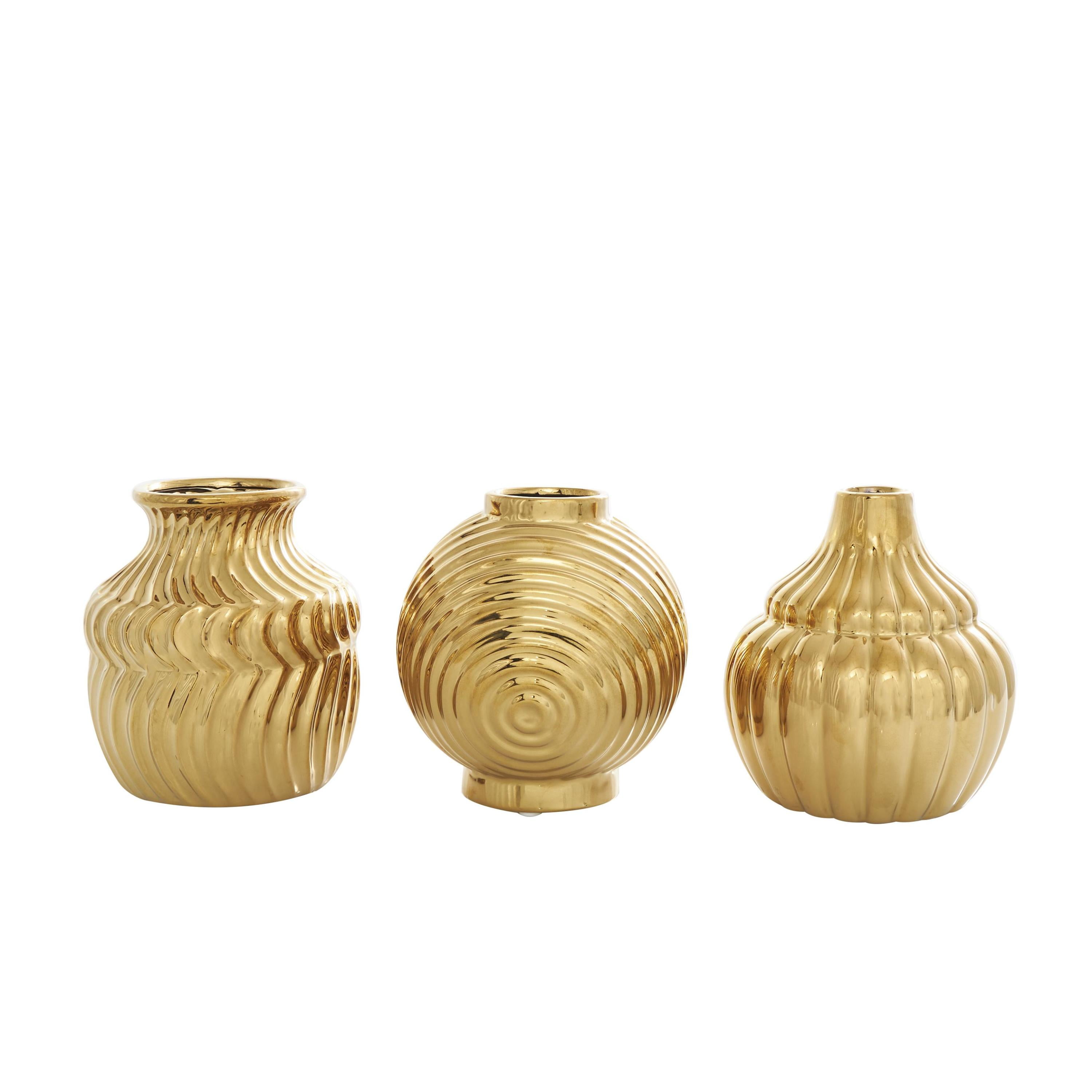 DecMode 5"W, 6"H Abstract Small Textured Gold Ceramic Vase with Varying Shapes and Patterns, Set of 3