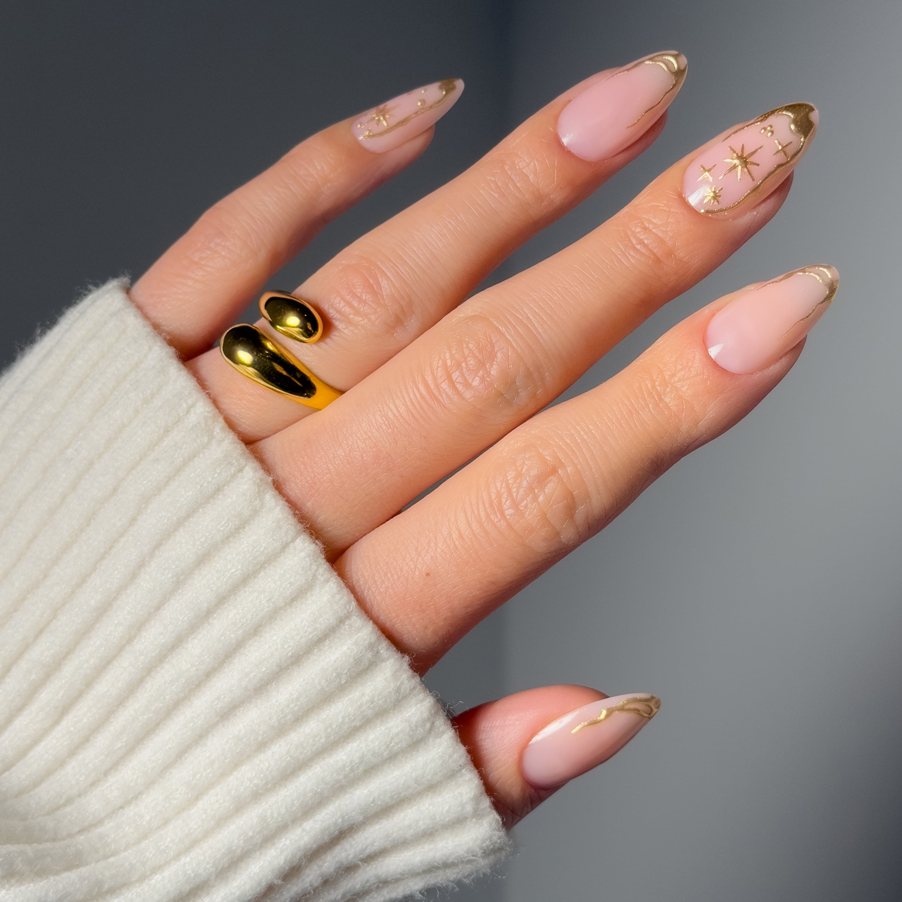 Salon Perfect Artificial Fake Press On Nails, 308 Viral Nail Edit, Gold Cosmic, Medium Almond, File, Glue, and Prep Pad Included, 30 Nails