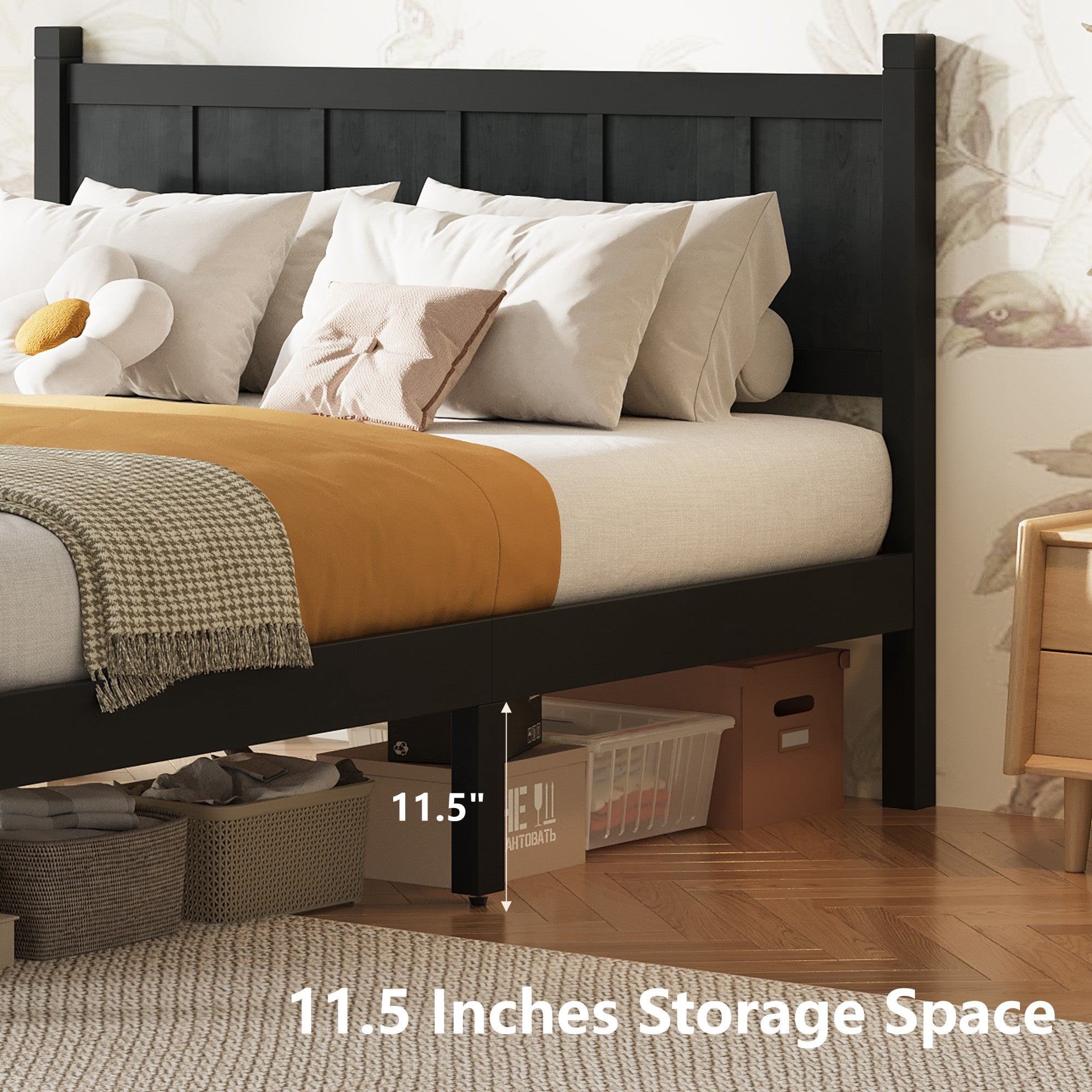 Sailvan Full Platform Bed with Headboard & Footboard - Shaker Farmhouse Style Bed Frame with Wood Grain Finish & Under-Bed Storage Black
