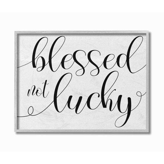 Stupell Industries Blessed Not Lucky Minimal Cursive Script Graphic Art Gray Framed Art Print Wall Art, 16x20, by Daphne Polselli