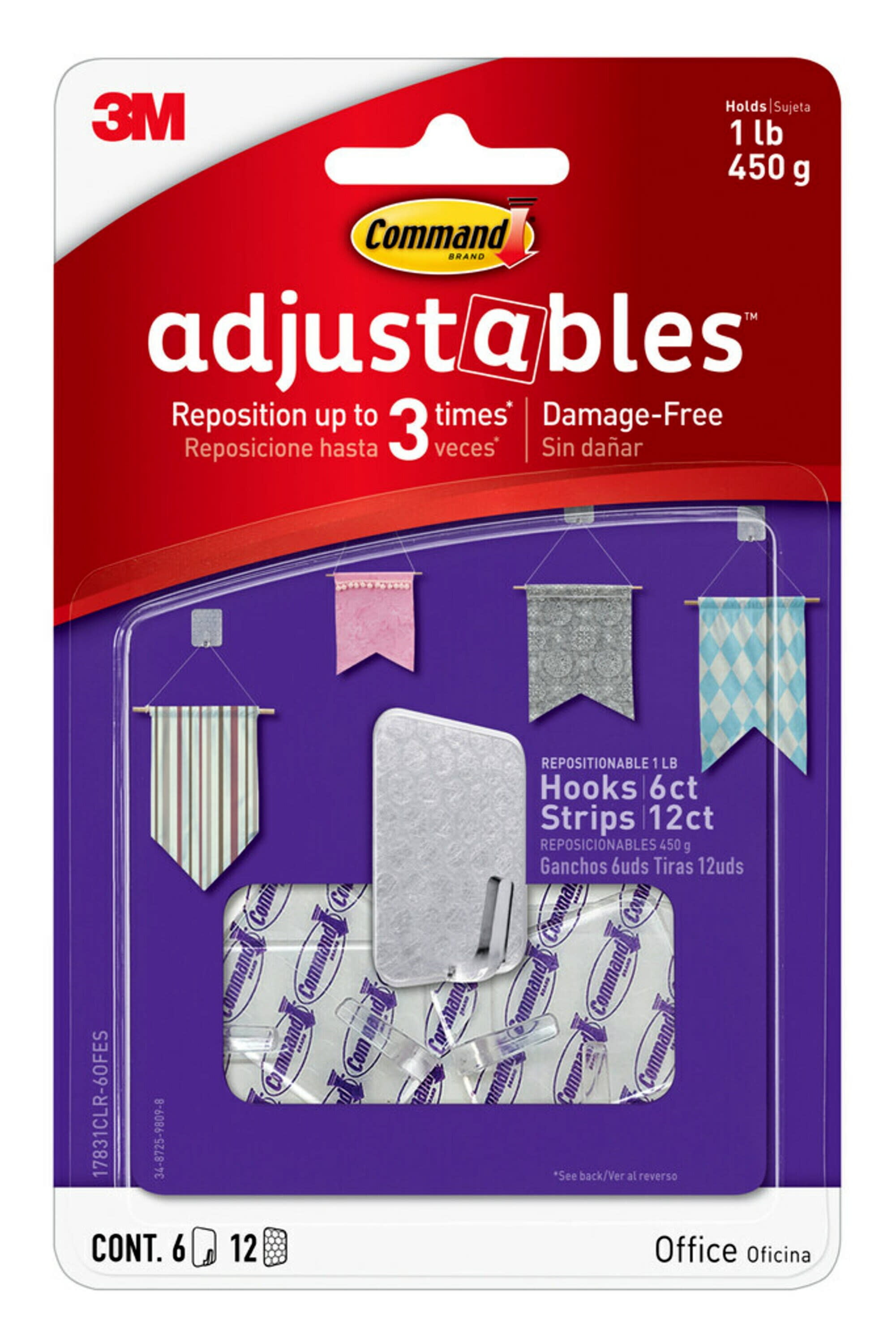 Command Adjustables Repositionable Hooks, Clear, 6 Wall Hooks