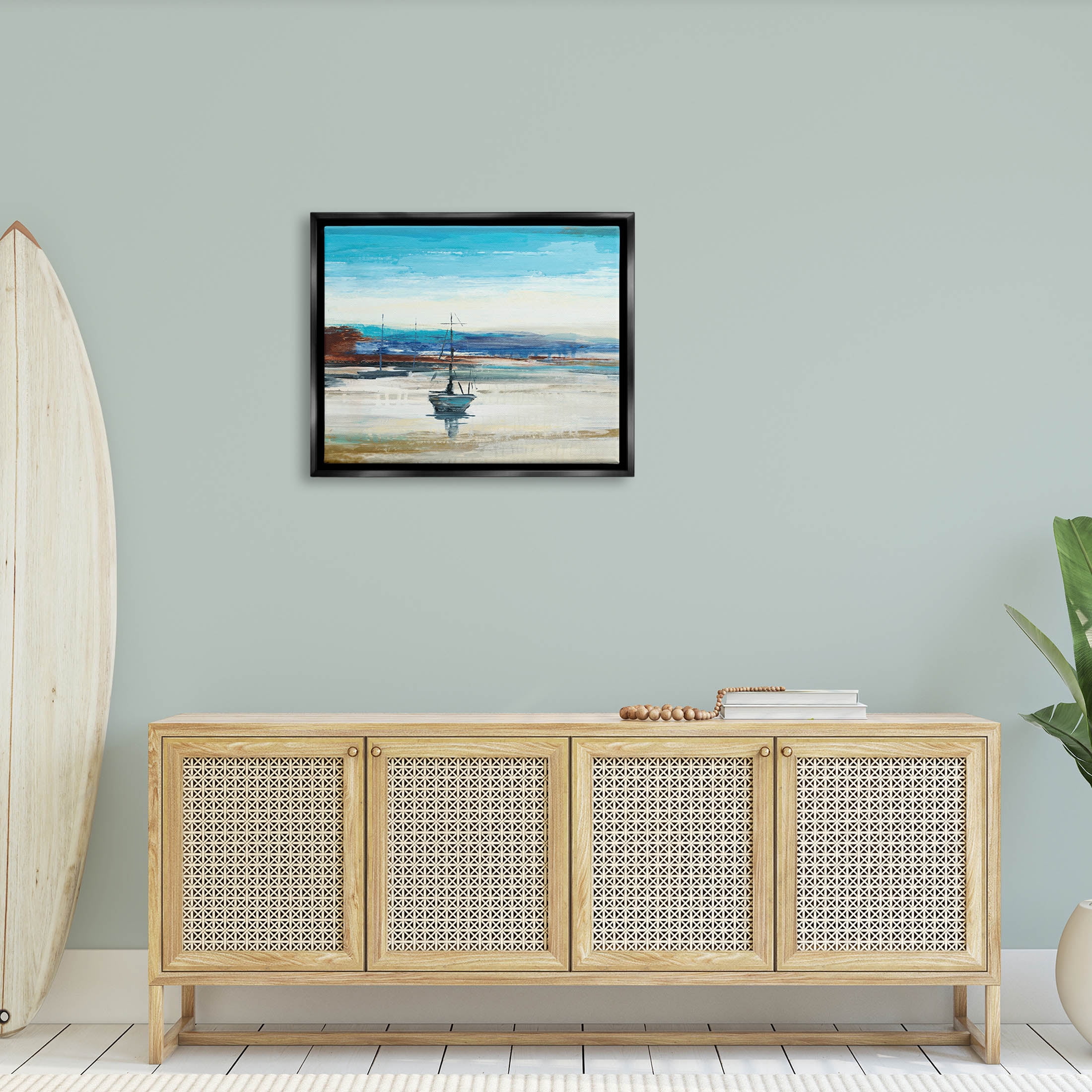 Abstract Boat Sea Reflection Coastal Painting Jet Black Framed Art Print Wall Art