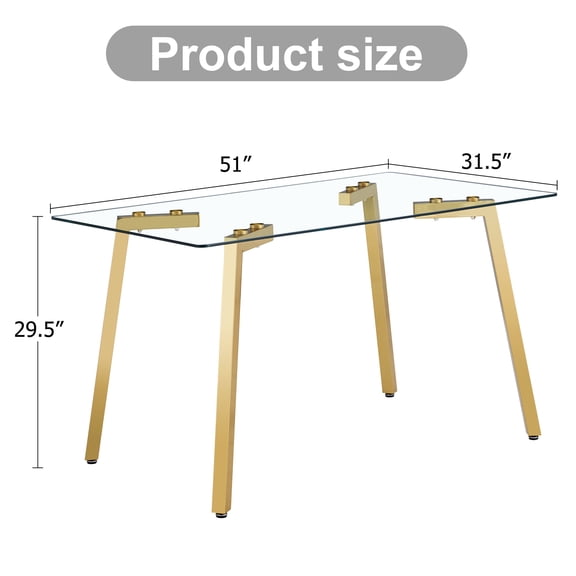 Modern minimalist style rectangular glass dining table with tempered glass tabletop and golden metal legs, suitable for kitchen, dining room, and livi