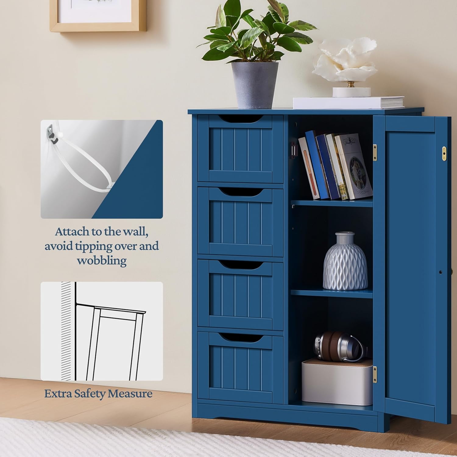 Wooden Bathroom Floor Cabinet, Side Storage Organizer Cabinet with 4 Drawers and 1 Cupboard, Freestanding Entryway Storage Unit Console Table, Bathroom Furniture Home Decor, Navy Blue