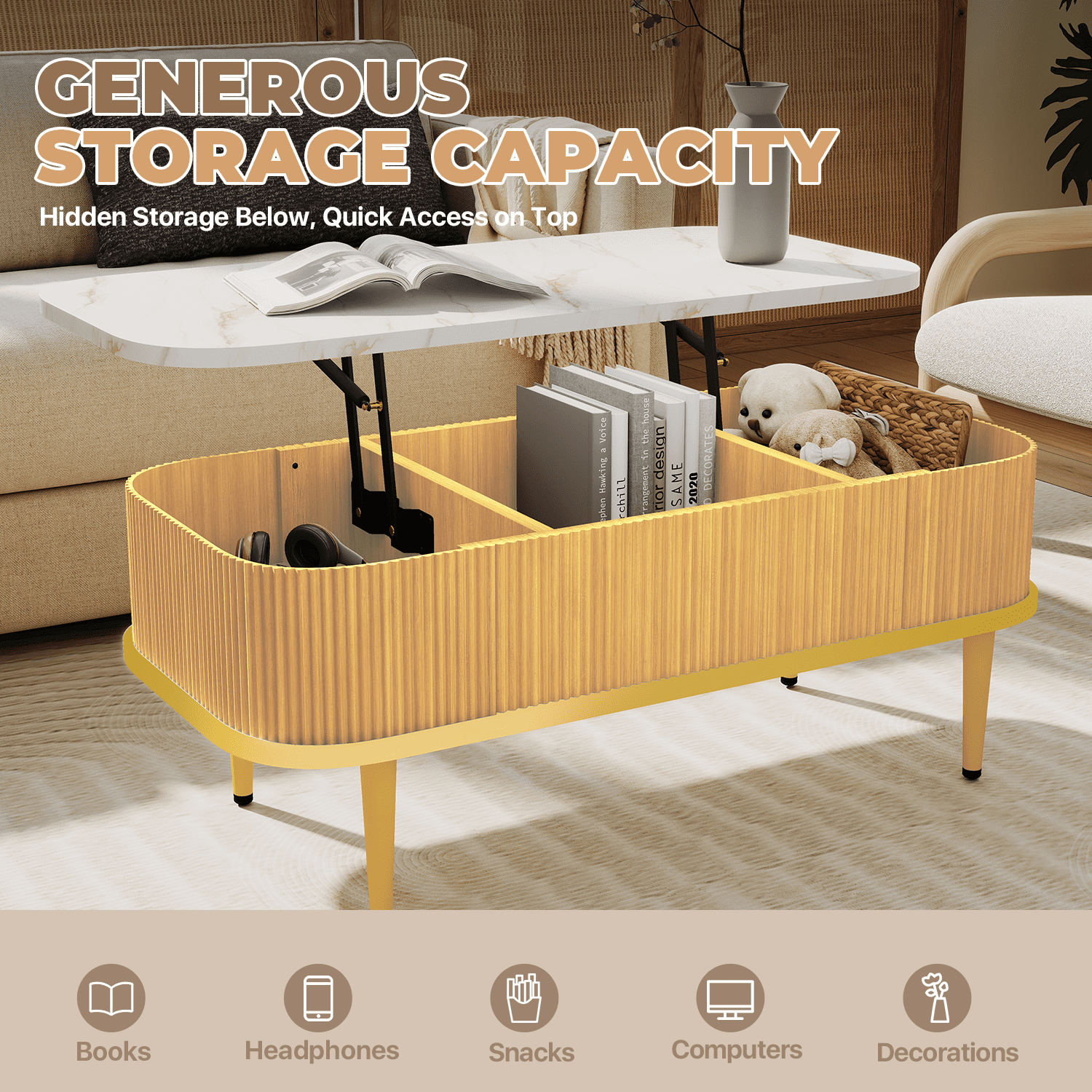 BaPiPro 39" Lift Top Coffee Table with Storage, Modern Fluted Rectangle Center Table with Hidden Compartment for Living Room, Home Office, Oak