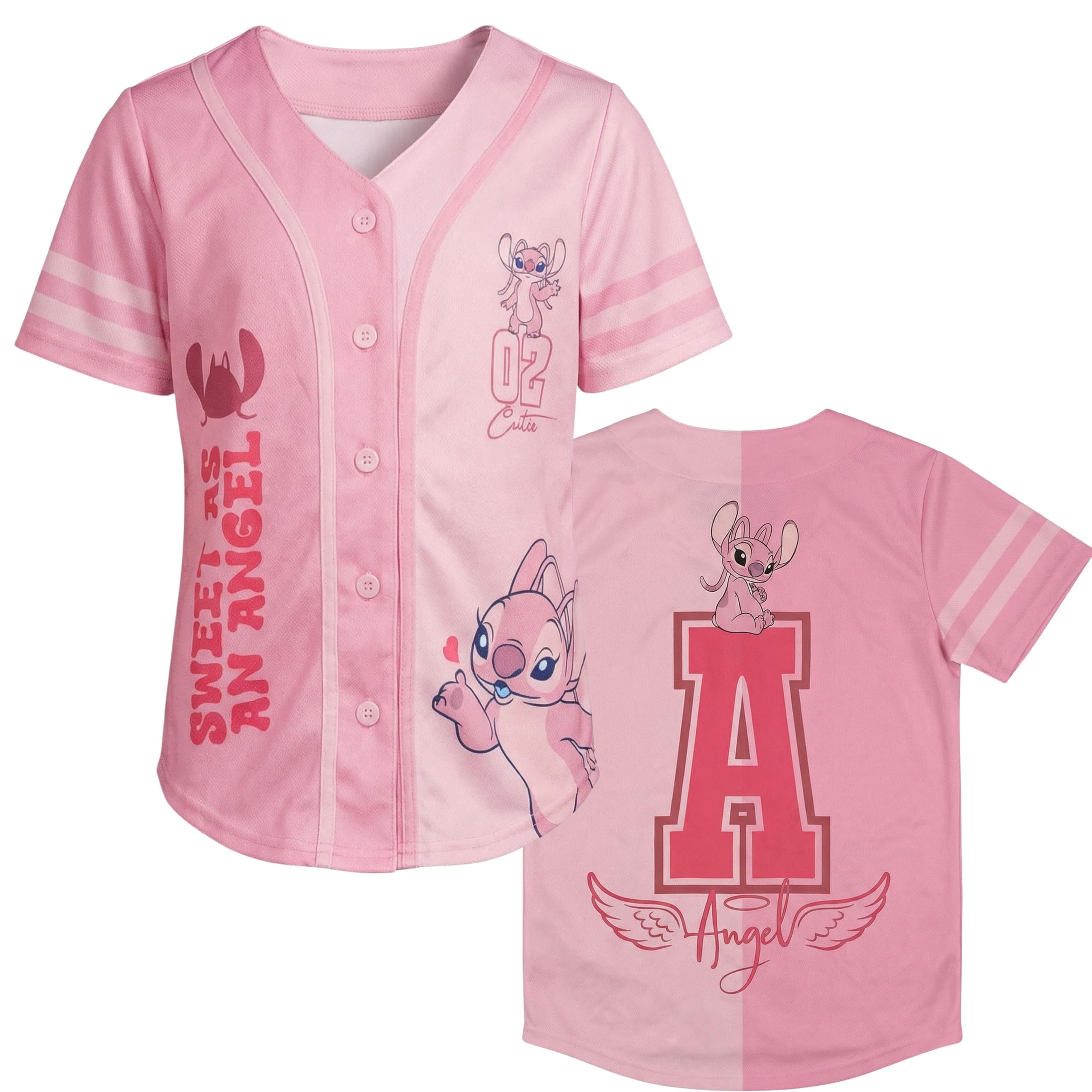 Disney Girls Baseball Jersey T-Shirt with Lilo & Stitch and Angel - Girls Sizes 4-16