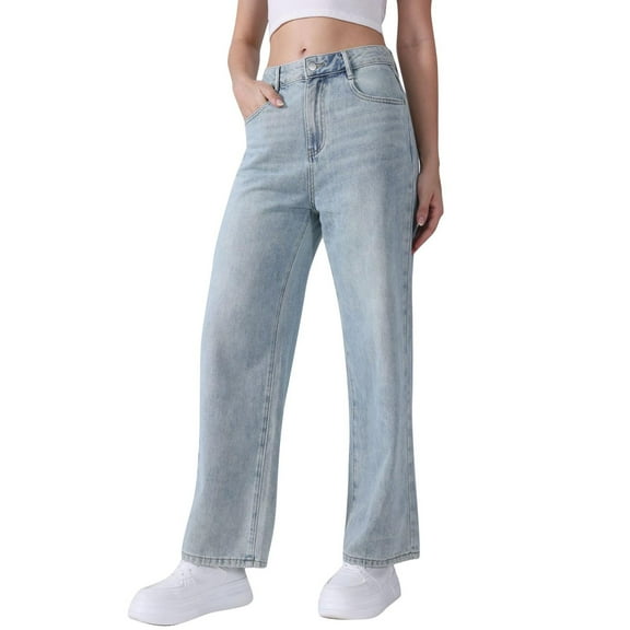 YYUIJK Womens Baggy High Waist Jeans Loose Straight Wide Leg Boyfriend Jeans Casual Denim Pants with Pockets Light Blue L