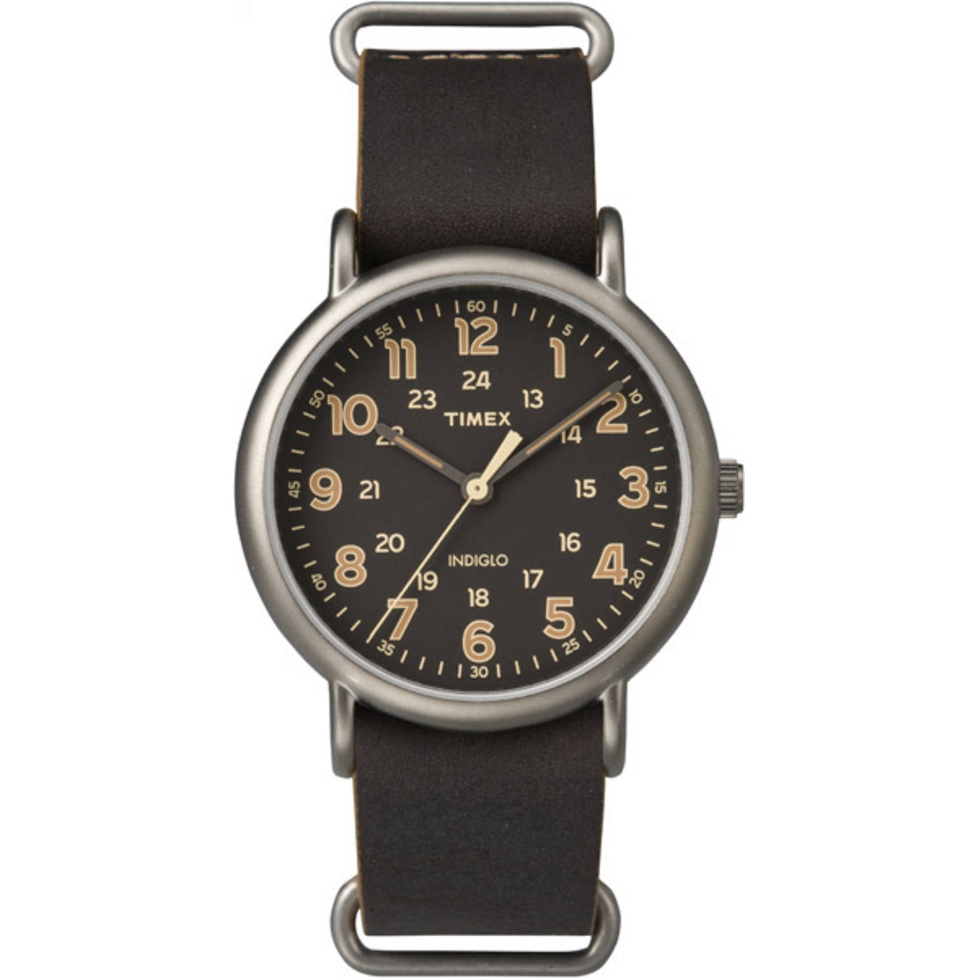Timex Men's Weekender Oversized Titanium-Tone Watch, Dark Brown Leather Slip-Thru Strap by Timex