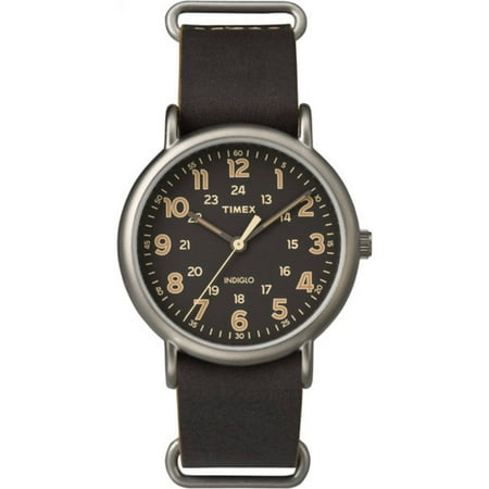 Timex Men's Weekender Oversized Titanium-Tone Watch, Dark Brown Leather Slip-Thru Strap