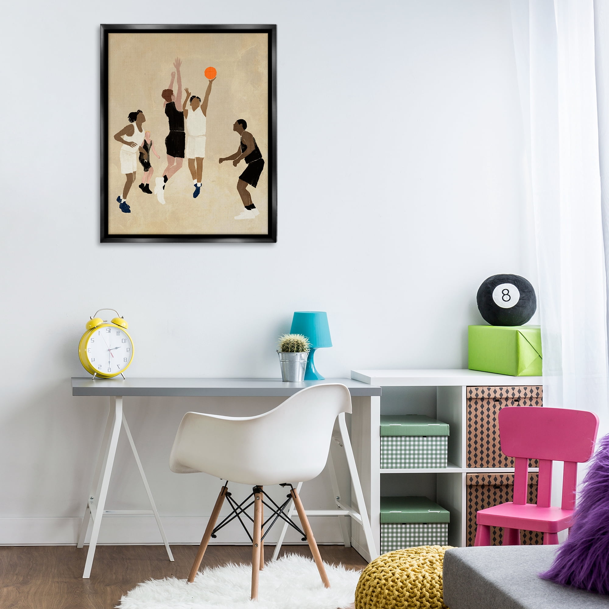 Stupell Industries Players with Basketball Sports Painting Black Floater Framed Canvas Art Print Wall Art, 25 x 31