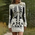 thumbnail image 4 of Costeam Womens Halloween Skeleton Print Bodycon Mini Dress Crew Neck Long Sleeve Floral Lace Detail Gothic Slim Fit Party Club Short Costume Dresses, 4 of 5