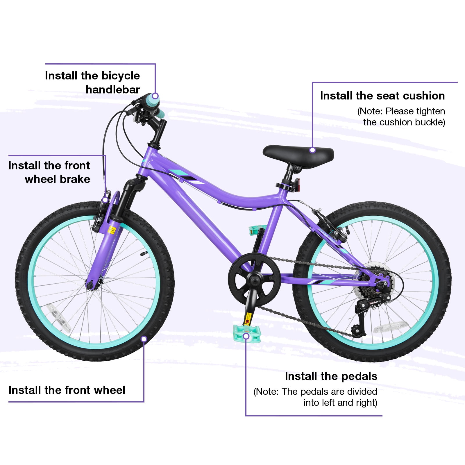 Hykolity 20 inch Kids Mountain Bike,6 Speed Kid Bicycle Age 6-11 Year Old with Front Suspension Fork,Adjustable Seat Height,High-Carbon Steel,Purple