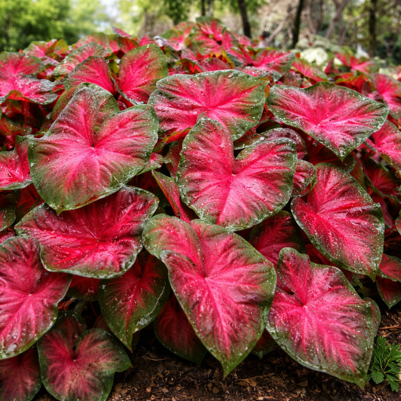 Red Alert Caladium Bulbs – Deep Red and Green Heart-Shaped Foliage – Shade Loving Caladium for Gardens, Containers and Landscaping (2 Bulbs)