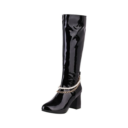 

Fesfesfes Womens Boot Shoes High Heel Casual Winter Fashion Glossy Pearl Chain Solid Color Pointed Side Zip Knee High US:7(39)
