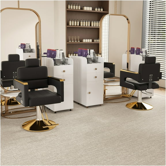 JERFIT Professional Barber Chair Hydraulic Swivel Salon Chair with Reclining Backrest, PU Leather Upholstery & Golden Base for Hair Salon, Black