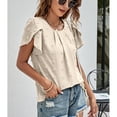 thumbnail image 4 of Women Round Neck Top Pleated Neckline Short Petal Sleeves Jacquard Fabric Casual Summer T Shirt Apricot M, 4 of 8