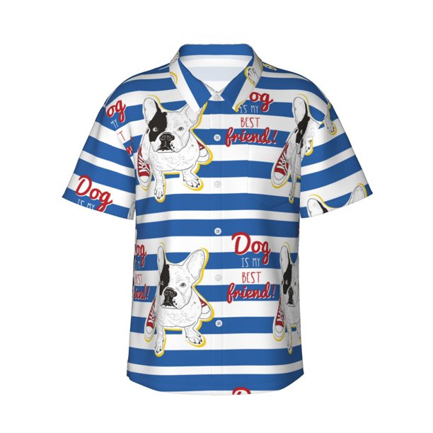 Fotbe Bulldog Friend Camisa Hawaiana para Hombre Unisex – Camisa Casual de Verano con Botones de Manga Corta de Algodón y Lino,Large