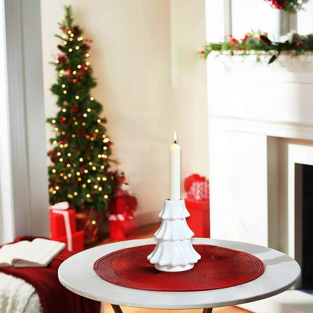 Candelabro de Cristal con Forma de Árbol de Navidad | Compatible con Velas de Pilar y Aromaterapia de 7 Cm | Adorno Navideño de Mesa En Rojo, Verde y Blanco | Centro de Mesa Festivo para Comedor, Chi
