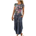 thumbnail image 2 of Robe Maxi d'Été pour Femmes Décontractée Ample avec Poches Manches Courtes Imprimée Col Rond Longueur Cheville Robe Manches Courtes en Liquidation, 2 of 5
