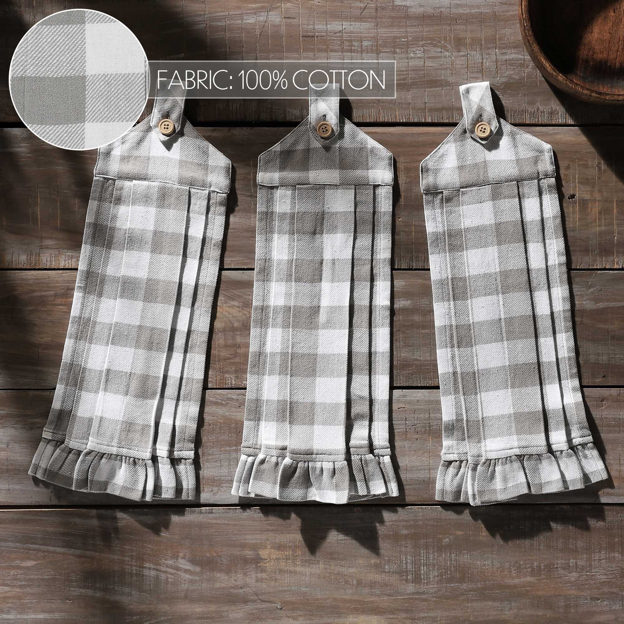 VHC Brands Cotton Annie Buffalo Check Grey Button Loop Kitchen Towel Set of 3, Hanging Kitchen Towel, Pleated, Bath, Kitchen, Annie Buffalo Check Collection, Rectangle 21x7, Ash Grey