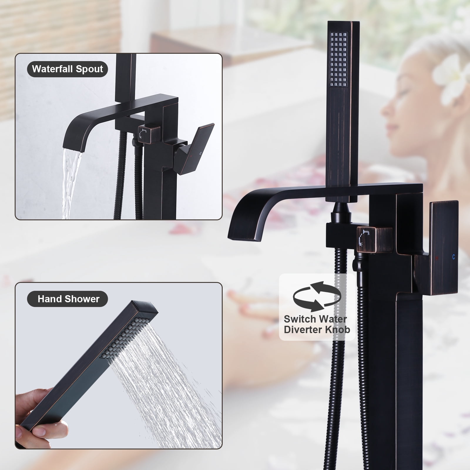 Wowow Oil Rubbed Bronze 1-handle Freestanding Waterfall Bathtub Faucet with Hand Shower (Valve Included)