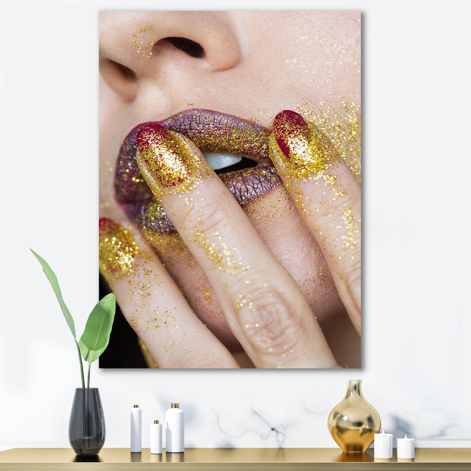 Designart ' Close-Up Of Woman Golden Gold Glitter Lipstick ' Modern Canvas Wall Art Print