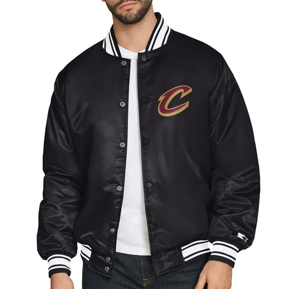Men's Starter Black Cleveland Cavaliers Printed Team Logo Satin Varsity Full-Snap Jacket