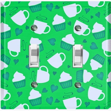 Metal Light Switch Wall Plate Outlet Cover (Coffee Espresso Mocha Cup Green Heart Green Cupcake - Double Toggle)