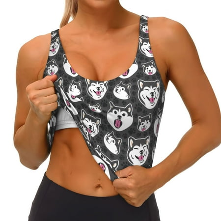 Qokaie Husky Pattern Womens Scoop Neck Sports Bra Breathable Workout Vest Padded U Back Medium Impact Fitness Gym Yoga Bra Workout Crop Top