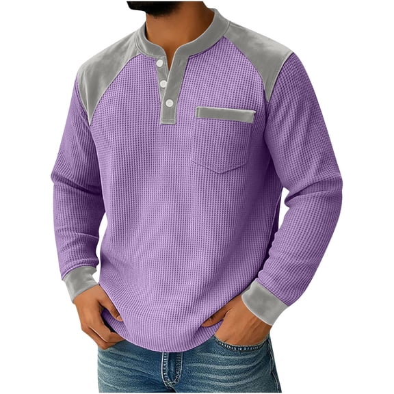 DODADAWANJ Mens Waffle Henley Long Sleeve Shirts Fashion Velvet Shirt Midweight V Neck Fall Spring Tops with Pockets Purple XL