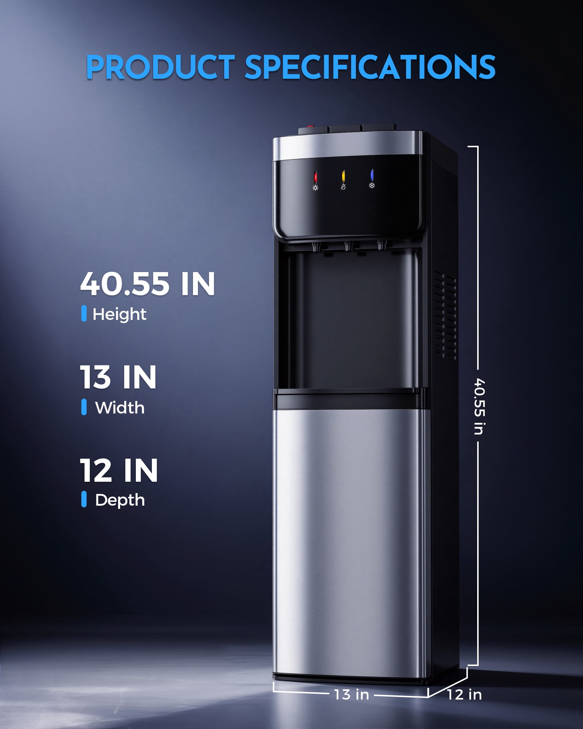 UrbanSync Bottom Loading Water Dispenser with Compressor Cooling, No Heavy Lifting 3-5 Gallon, Hot, Cold & Room, Child Safety Lock, Stainless Steel Body, New
