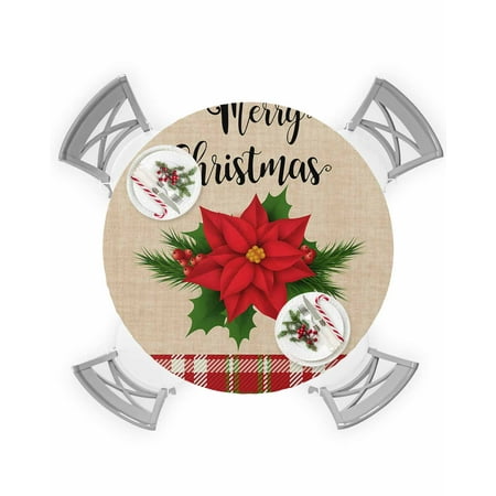 

Round Tablecloth with Elastic Christmas Flower Poinsettia Red Plaid Waterproof Stain-proof Table Cover Wipeable Fitted Table Cloths for 55 -60 Round Tables Dining Kitchen Indoor Outdoor Use