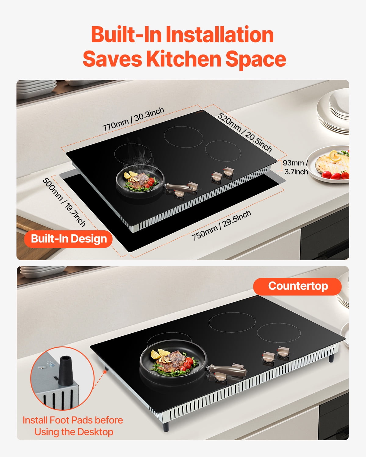 KFFKFF Induction Stove, 6600W Electric Kitchen Burner, Quadruple Knob Control Cooktop, Integrated Induction Stove with a Dozen Heat Settings, Glass Top, Automatic Power Off