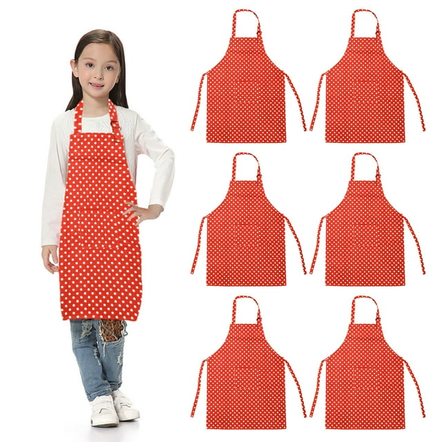 TOPTIE 6 Pack Kids Aprons with Pocket & Adjustable Strap, Child Chef Bib Apron for Kitchen Cooking Baking Painting-Red Dot-XL
