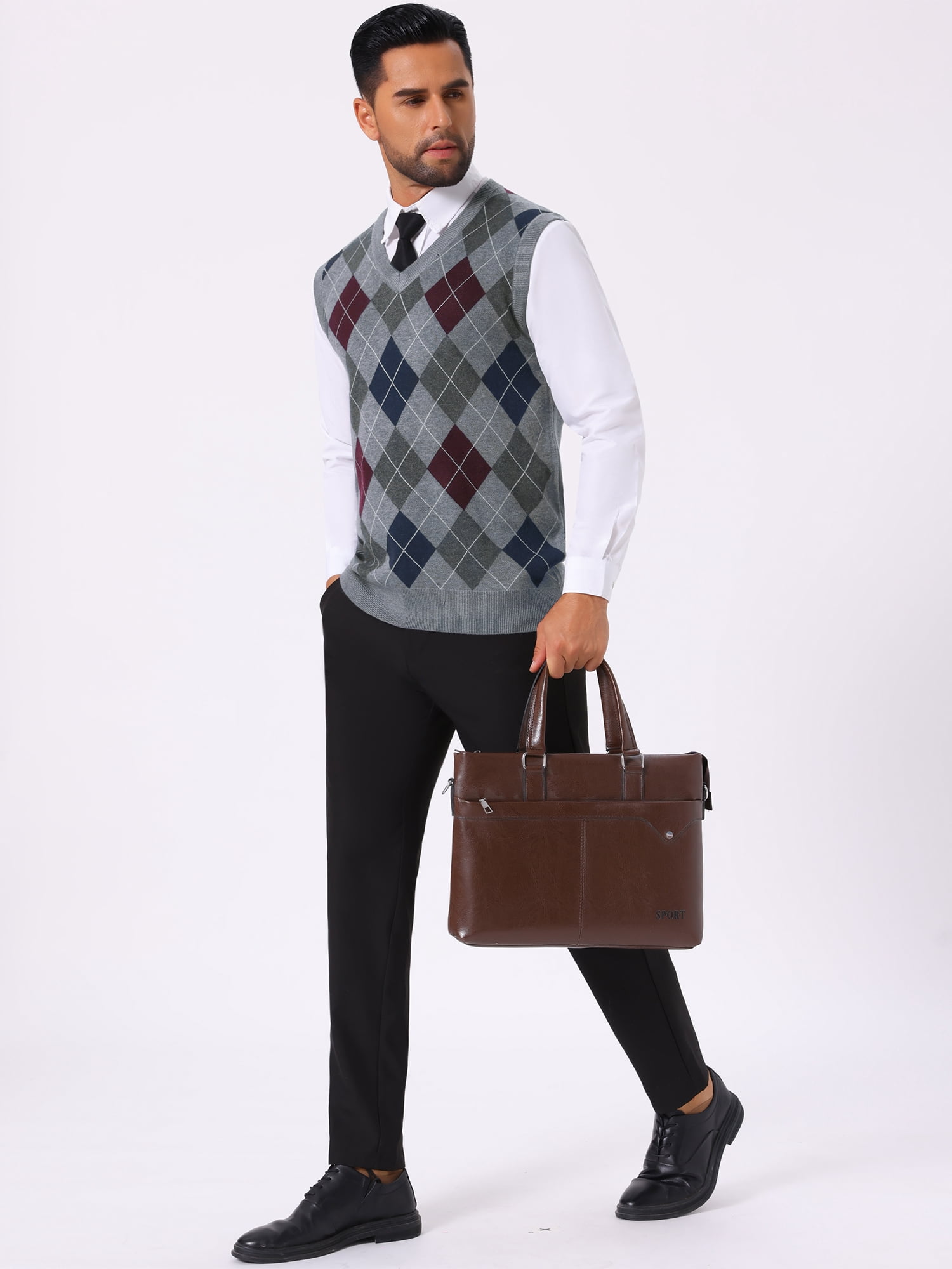 DARING DIVA Men's Casual Knit Sleeveless V-Neck Plaid Argyle Sweater Vest M Light Gray