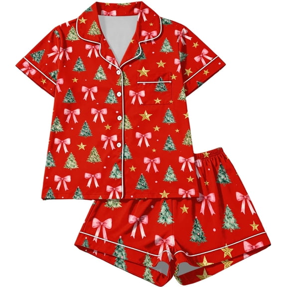 Vetsdori Womens Shorts & Top Pajamas Sets Button up Homewear Lightweight Casual Sleepwear Collared,2 Pieces Holiday Pajamas for Women