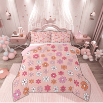 Manfei Cartoon Flower Child Bedding Comforter Set, Pink Blossoms Floral Twin Comforter Sets, Retro French Style Reversible Bedding Set, Super Cozy Room Decor, 2-Piece