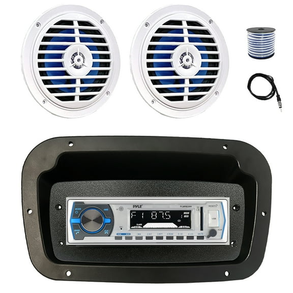 Pyle PLMRB29W Single DIN Bluetooth Marine MP3 Stereo Receiver, Spa bezel, Adapter Plate, 22" Radio Antenna, Wire, 2x 5.25'' 100 Watt Peak Full Range Dual Cone Waterproof Stereo Speakers (White)