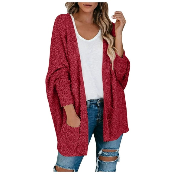 Lovskoo Cardigan Sweaters for Women Open Front Long Sleeve Solid Color Knit Double Pocket Medium Length Jacket Oversized Winter Outerwear Tops Khaki