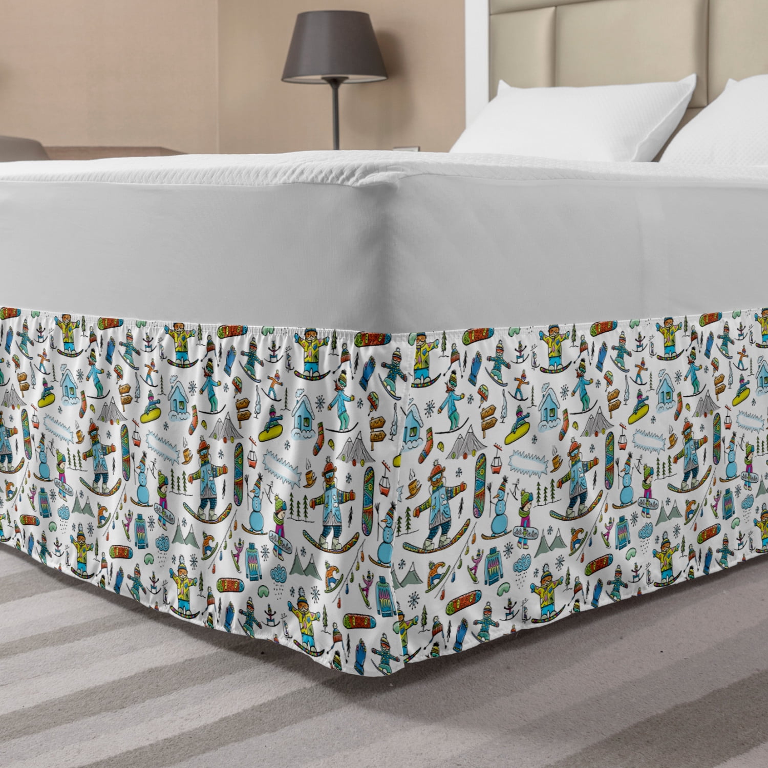 Ski Pattern Bed Skirt, Colorful Childish Doodle Repetition of Winter