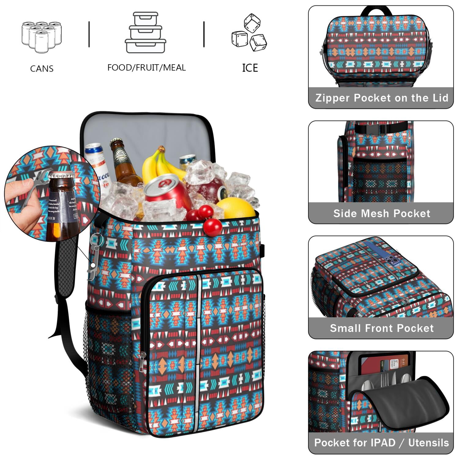 Travel Cooler Bag - Boho Bohemia Pioneer Flower Geometric Line Art Camping Beer Cooler Backpack with Bottle Opener- Waterproof Insulated Picnic Backpacks - Cooler Bag for Beach