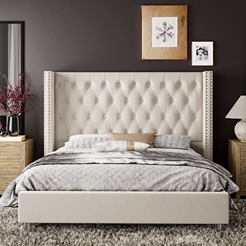 VanAcc King Upholstered Platform Bed Frame with Headboard, No Box Spring Needed, Cream