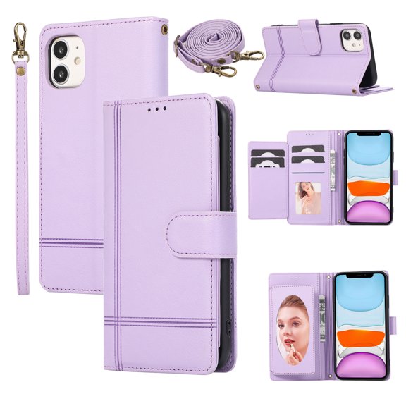 Allytechgroup Wallet Case for Apple iPhone 11 with Crossbody Strap Hand Wrist, Makeup Mirror Cards Slots Cash Pocket RFID Blocking Flip Stand Slim Case Cover for iPhone 11, Purple
